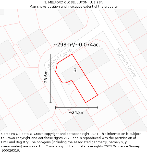 3, MELFORD CLOSE, LUTON, LU2 9SN: Plot and title map