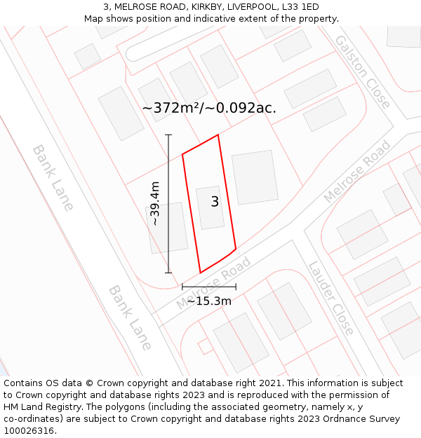 3, MELROSE ROAD, KIRKBY, LIVERPOOL, L33 1ED: Plot and title map