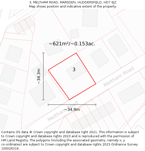 3, MELTHAM ROAD, MARSDEN, HUDDERSFIELD, HD7 6JZ: Plot and title map