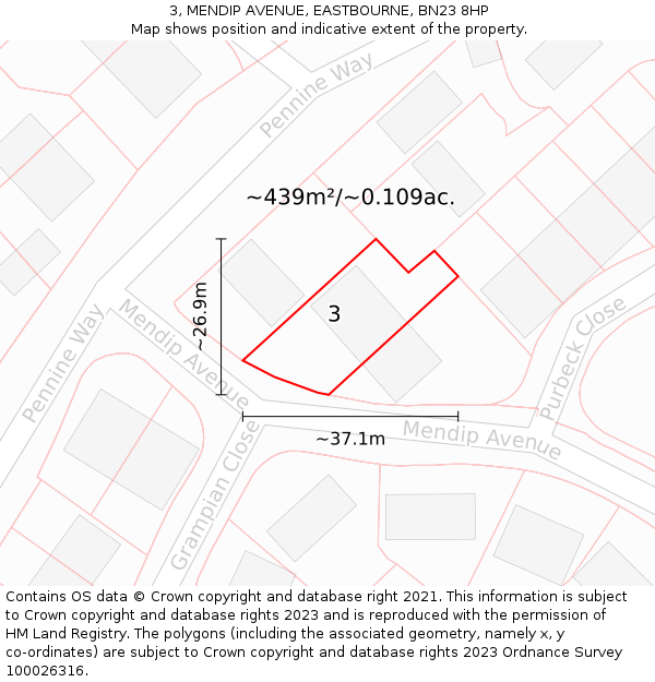 3, MENDIP AVENUE, EASTBOURNE, BN23 8HP: Plot and title map