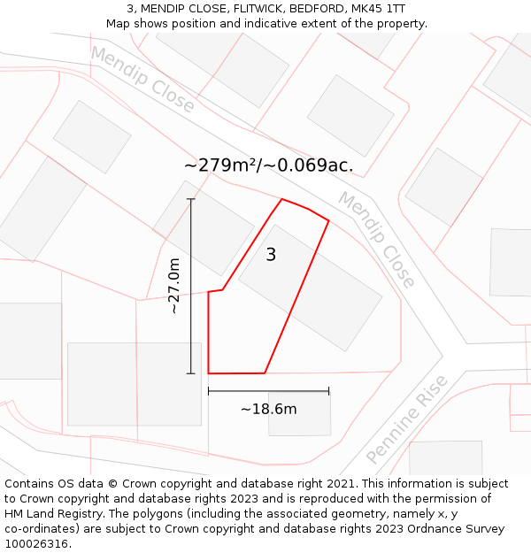 3, MENDIP CLOSE, FLITWICK, BEDFORD, MK45 1TT: Plot and title map