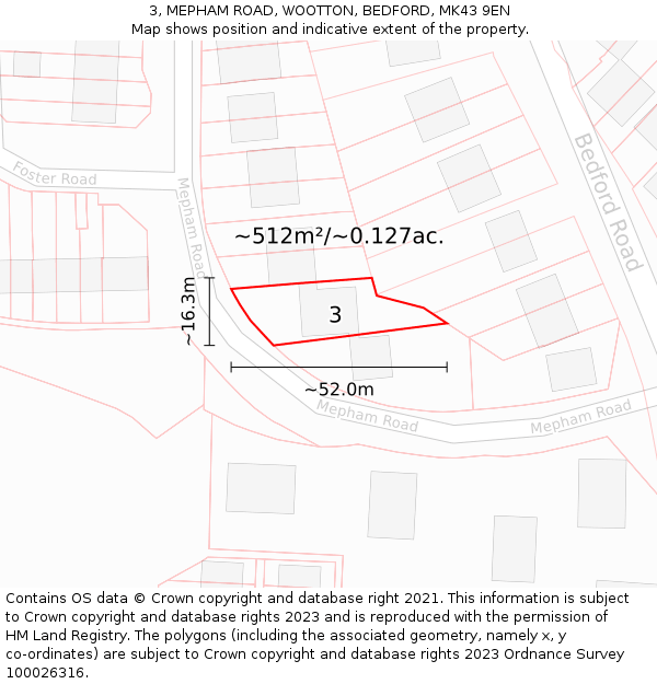 3, MEPHAM ROAD, WOOTTON, BEDFORD, MK43 9EN: Plot and title map