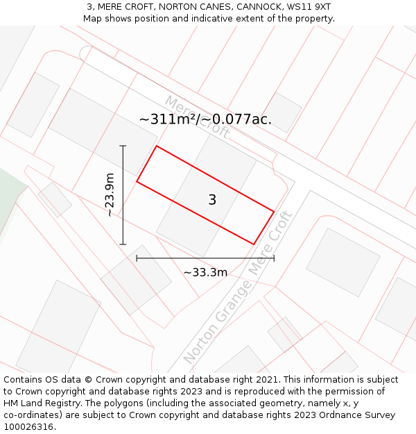 3, MERE CROFT, NORTON CANES, CANNOCK, WS11 9XT: Plot and title map