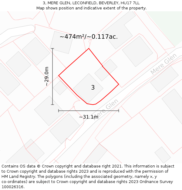3, MERE GLEN, LECONFIELD, BEVERLEY, HU17 7LL: Plot and title map