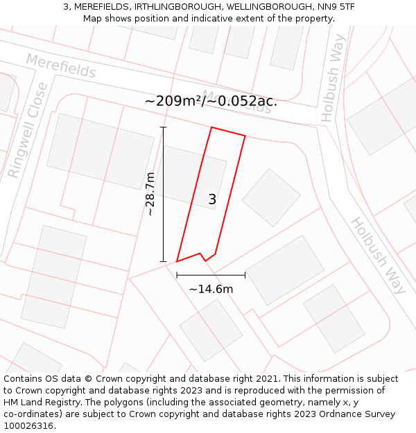 3, MEREFIELDS, IRTHLINGBOROUGH, WELLINGBOROUGH, NN9 5TF: Plot and title map