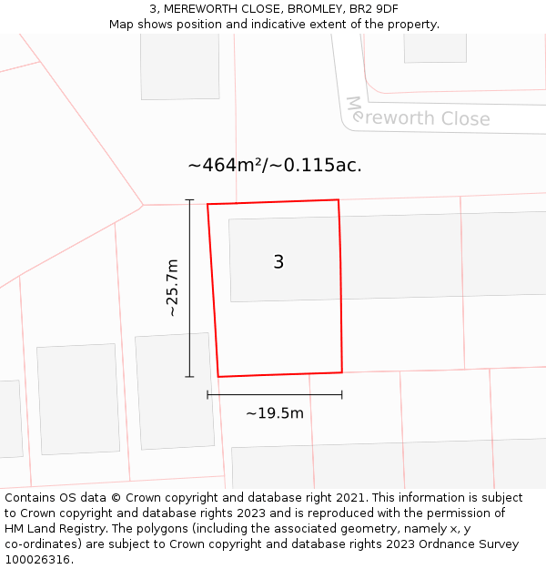 3, MEREWORTH CLOSE, BROMLEY, BR2 9DF: Plot and title map