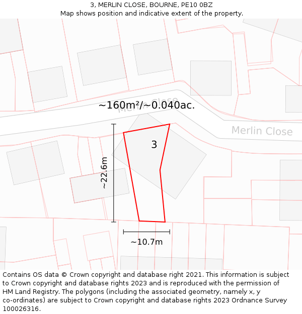 3, MERLIN CLOSE, BOURNE, PE10 0BZ: Plot and title map