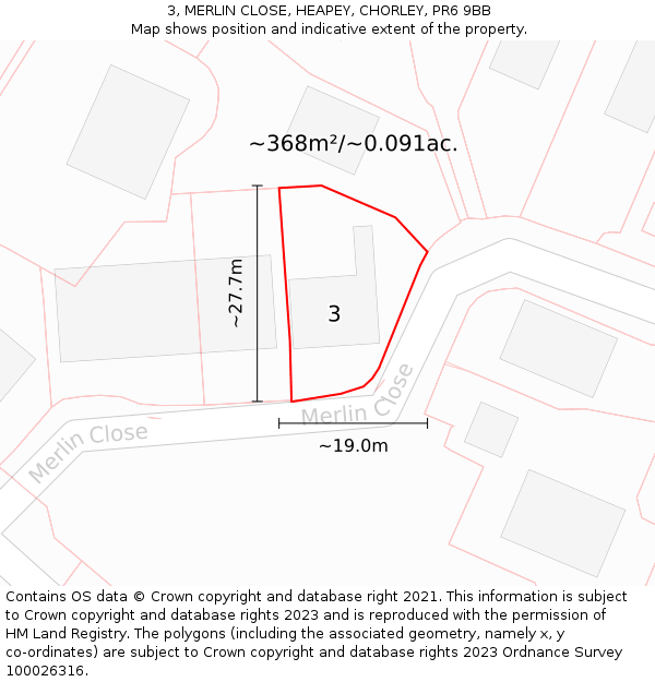 3, MERLIN CLOSE, HEAPEY, CHORLEY, PR6 9BB: Plot and title map