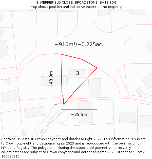 3, MERRIEFIELD CLOSE, BROADSTONE, BH18 8DG: Plot and title map