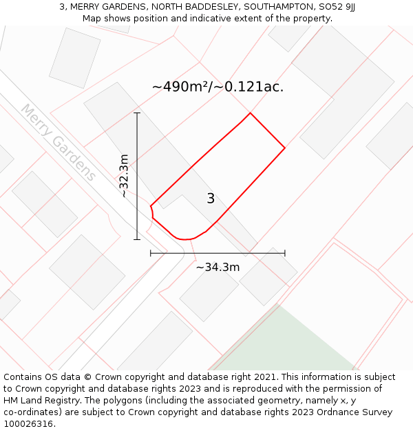 3, MERRY GARDENS, NORTH BADDESLEY, SOUTHAMPTON, SO52 9JJ: Plot and title map