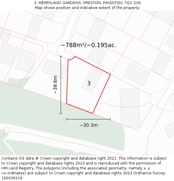 3, MERRYLAND GARDENS, PRESTON, PAIGNTON, TQ3 1HS: Plot and title map