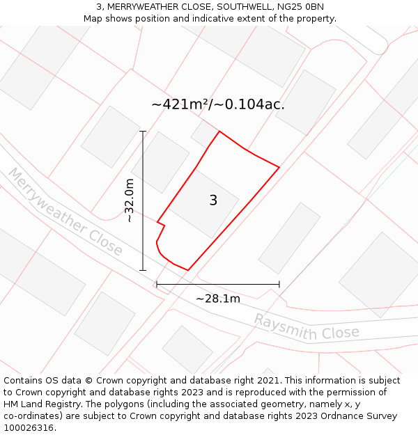 3, MERRYWEATHER CLOSE, SOUTHWELL, NG25 0BN: Plot and title map