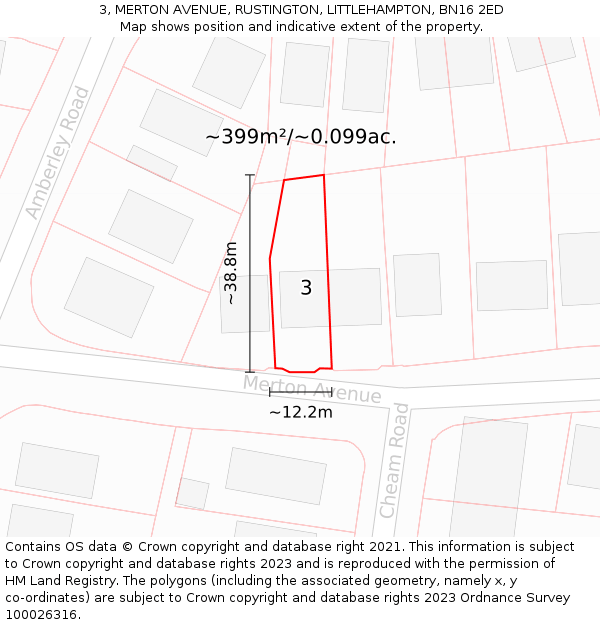 3, MERTON AVENUE, RUSTINGTON, LITTLEHAMPTON, BN16 2ED: Plot and title map
