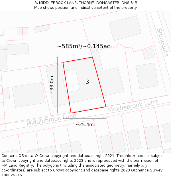 3, MIDDLEBROOK LANE, THORNE, DONCASTER, DN8 5LB: Plot and title map