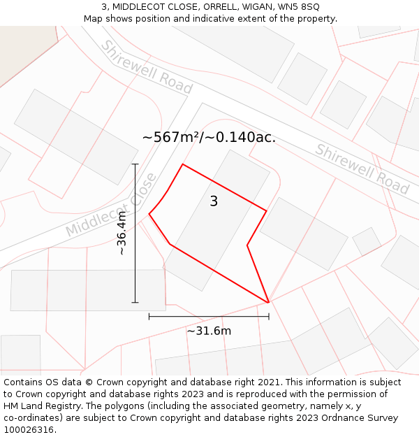 3, MIDDLECOT CLOSE, ORRELL, WIGAN, WN5 8SQ: Plot and title map