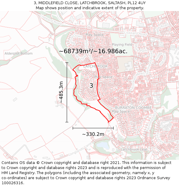 3, MIDDLEFIELD CLOSE, LATCHBROOK, SALTASH, PL12 4UY: Plot and title map