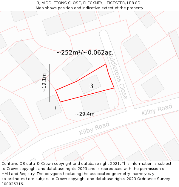 3, MIDDLETONS CLOSE, FLECKNEY, LEICESTER, LE8 8DL: Plot and title map
