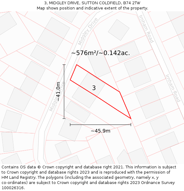 3, MIDGLEY DRIVE, SUTTON COLDFIELD, B74 2TW: Plot and title map
