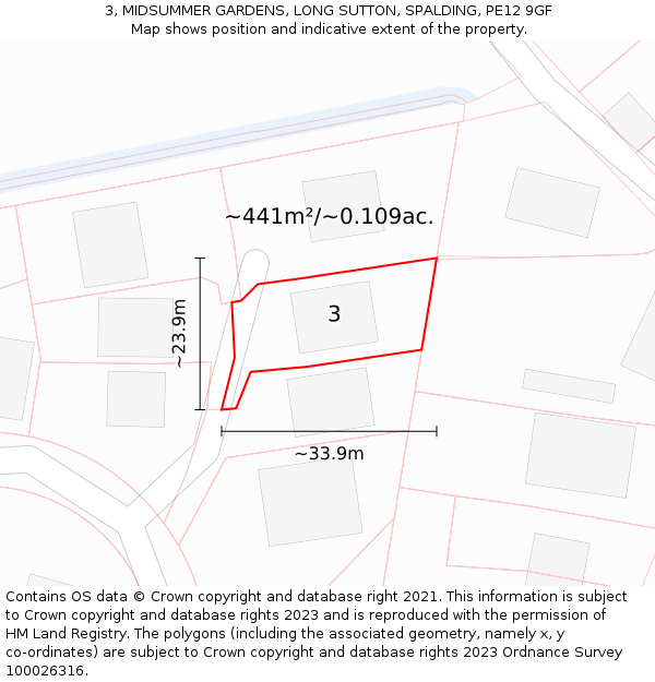 3, MIDSUMMER GARDENS, LONG SUTTON, SPALDING, PE12 9GF: Plot and title map