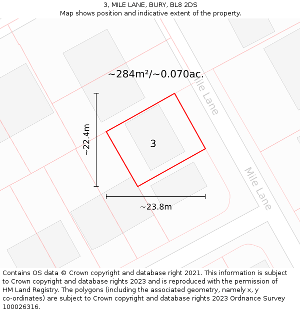 3, MILE LANE, BURY, BL8 2DS: Plot and title map