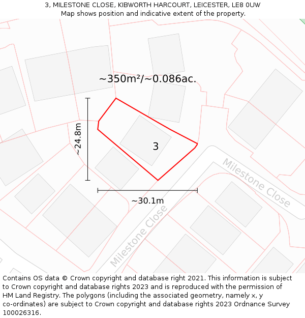3, MILESTONE CLOSE, KIBWORTH HARCOURT, LEICESTER, LE8 0UW: Plot and title map