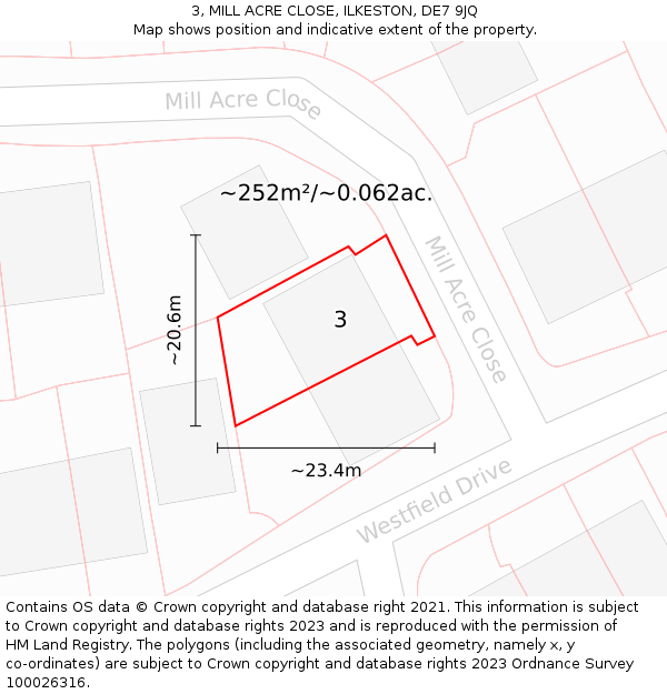 3, MILL ACRE CLOSE, ILKESTON, DE7 9JQ: Plot and title map