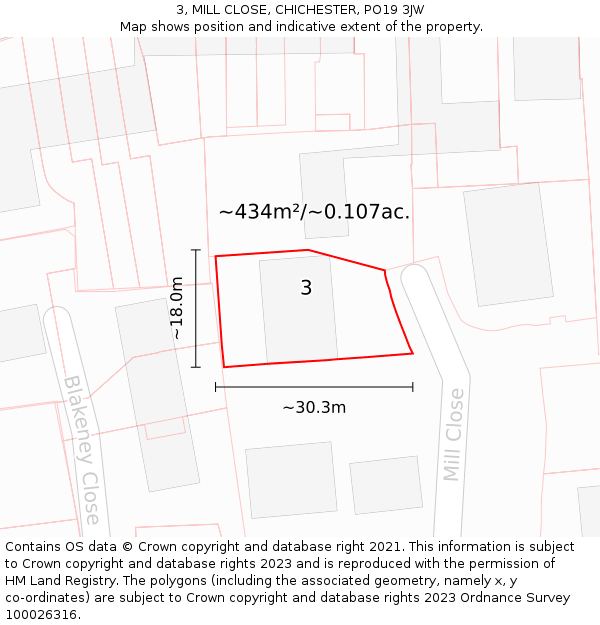 3, MILL CLOSE, CHICHESTER, PO19 3JW: Plot and title map