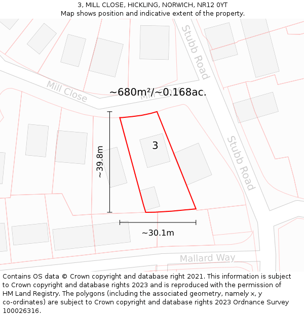 3, MILL CLOSE, HICKLING, NORWICH, NR12 0YT: Plot and title map