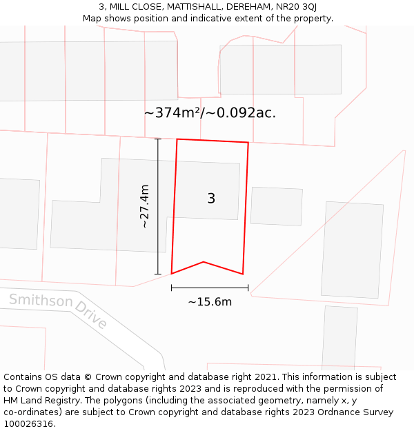 3, MILL CLOSE, MATTISHALL, DEREHAM, NR20 3QJ: Plot and title map