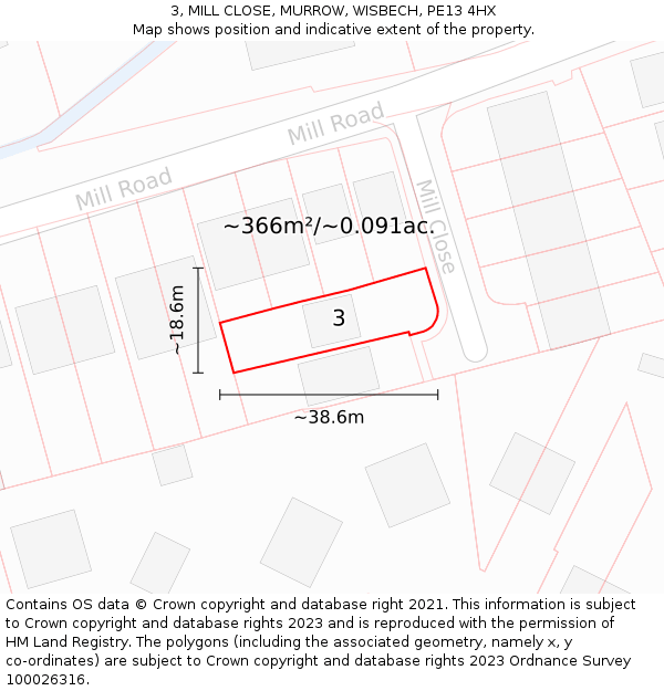 3, MILL CLOSE, MURROW, WISBECH, PE13 4HX: Plot and title map