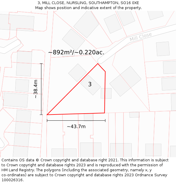 3, MILL CLOSE, NURSLING, SOUTHAMPTON, SO16 0XE: Plot and title map
