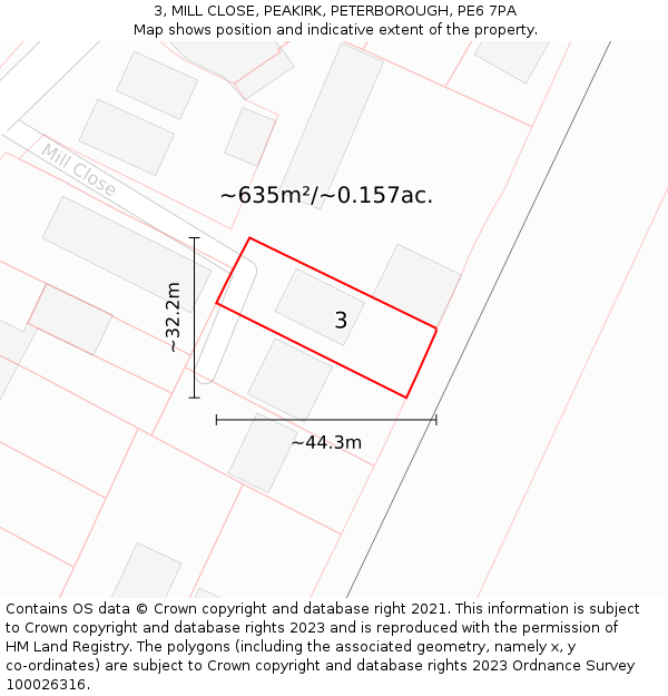 3, MILL CLOSE, PEAKIRK, PETERBOROUGH, PE6 7PA: Plot and title map