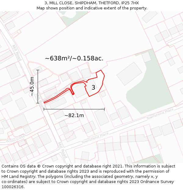 3, MILL CLOSE, SHIPDHAM, THETFORD, IP25 7HX: Plot and title map