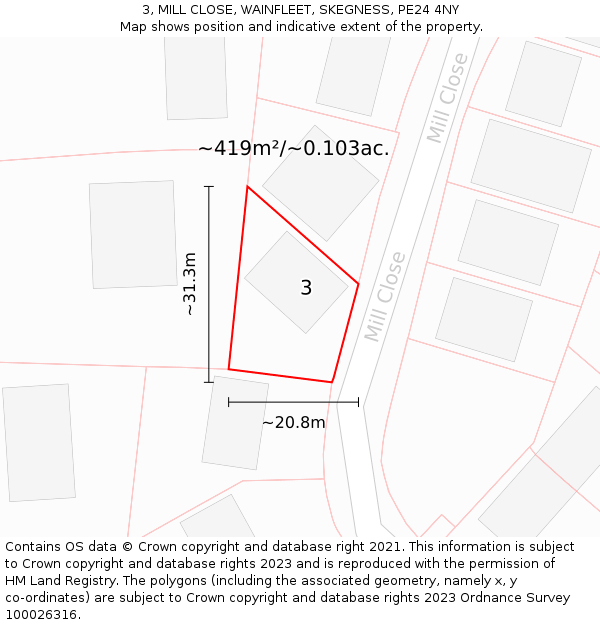 3, MILL CLOSE, WAINFLEET, SKEGNESS, PE24 4NY: Plot and title map