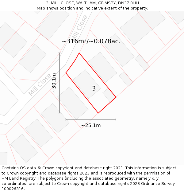 3, MILL CLOSE, WALTHAM, GRIMSBY, DN37 0HH: Plot and title map