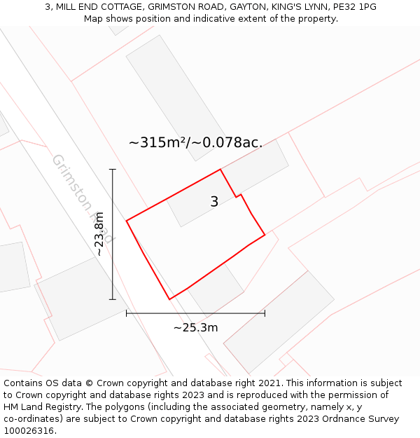 3, MILL END COTTAGE, GRIMSTON ROAD, GAYTON, KING'S LYNN, PE32 1PG: Plot and title map