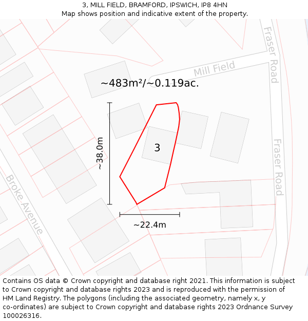 3, MILL FIELD, BRAMFORD, IPSWICH, IP8 4HN: Plot and title map