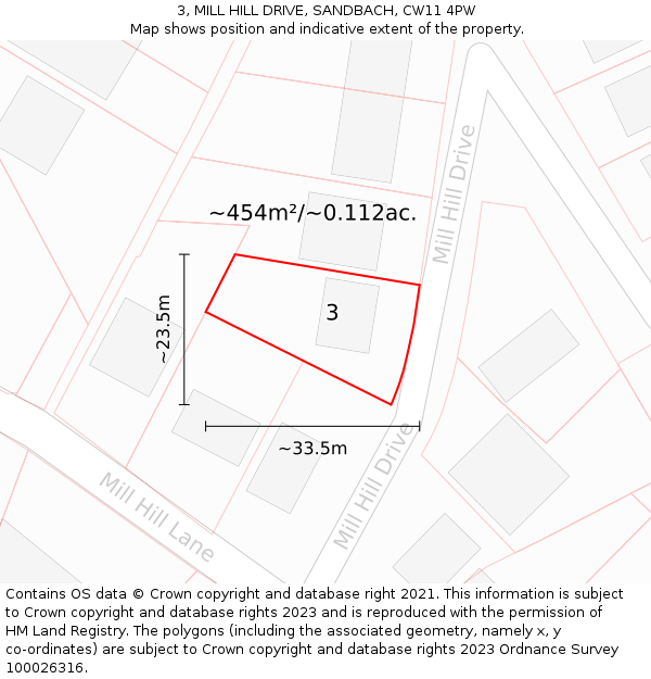 3, MILL HILL DRIVE, SANDBACH, CW11 4PW: Plot and title map