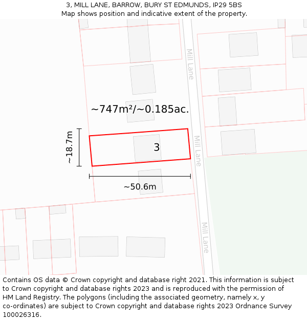 3, MILL LANE, BARROW, BURY ST EDMUNDS, IP29 5BS: Plot and title map