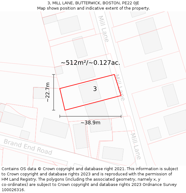 3, MILL LANE, BUTTERWICK, BOSTON, PE22 0JE: Plot and title map