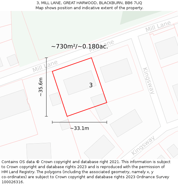 3, MILL LANE, GREAT HARWOOD, BLACKBURN, BB6 7UQ: Plot and title map
