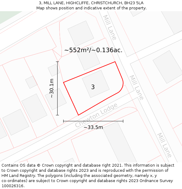 3, MILL LANE, HIGHCLIFFE, CHRISTCHURCH, BH23 5LA: Plot and title map