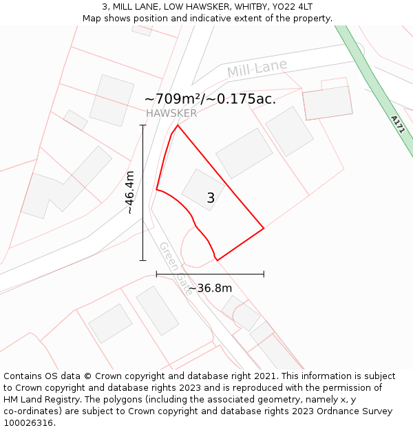 3, MILL LANE, LOW HAWSKER, WHITBY, YO22 4LT: Plot and title map