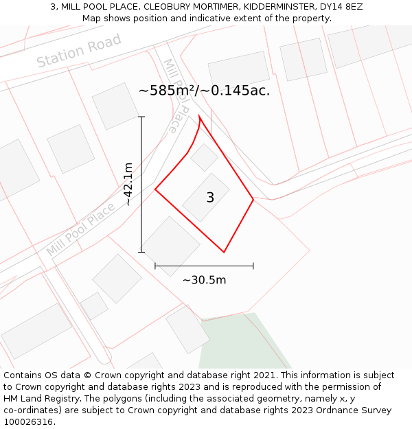 3, MILL POOL PLACE, CLEOBURY MORTIMER, KIDDERMINSTER, DY14 8EZ: Plot and title map