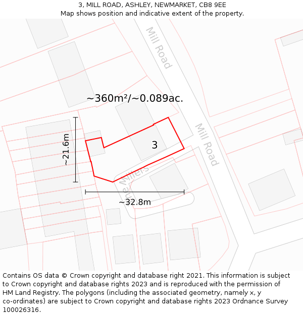 3, MILL ROAD, ASHLEY, NEWMARKET, CB8 9EE: Plot and title map
