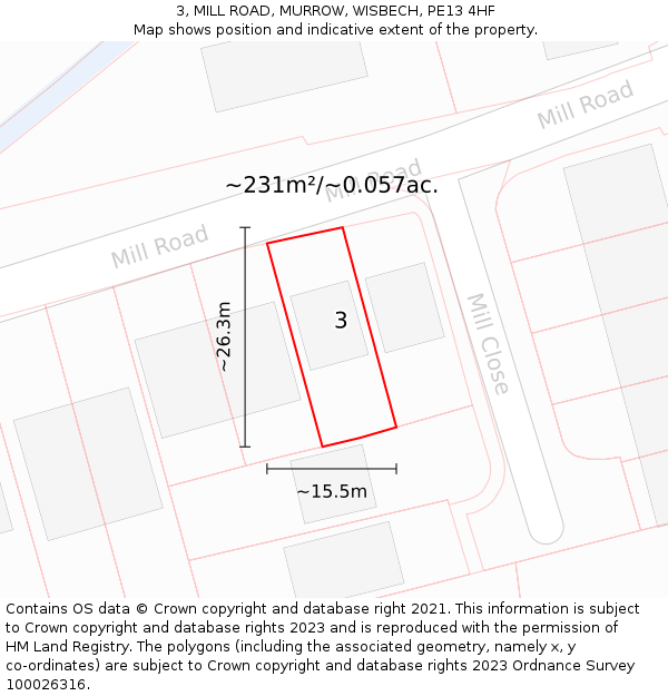 3, MILL ROAD, MURROW, WISBECH, PE13 4HF: Plot and title map