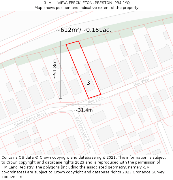 3, MILL VIEW, FRECKLETON, PRESTON, PR4 1YQ: Plot and title map