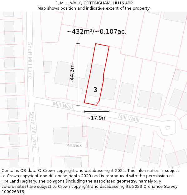 3, MILL WALK, COTTINGHAM, HU16 4RP: Plot and title map
