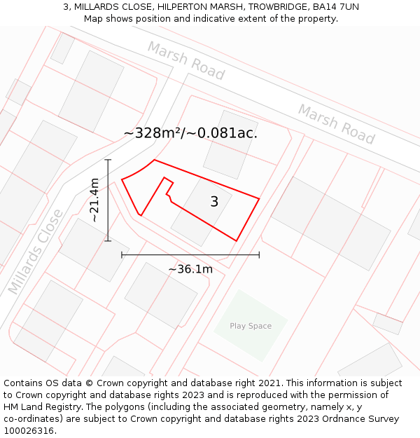 3, MILLARDS CLOSE, HILPERTON MARSH, TROWBRIDGE, BA14 7UN: Plot and title map