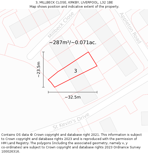 3, MILLBECK CLOSE, KIRKBY, LIVERPOOL, L32 1BE: Plot and title map